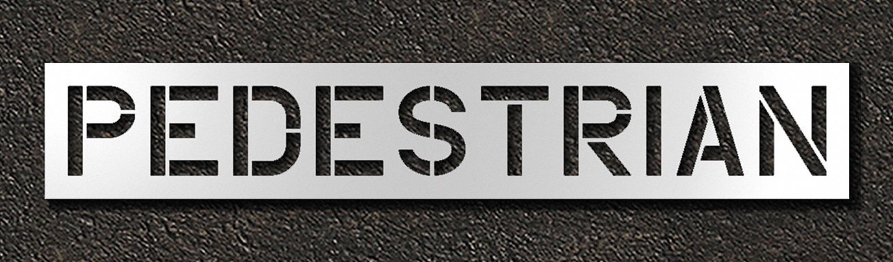 Individual Stencil: Pedestrian, 0.06 in Thick, 18 in Overall Ht, 107 in Overall Wd, Highway Gothic