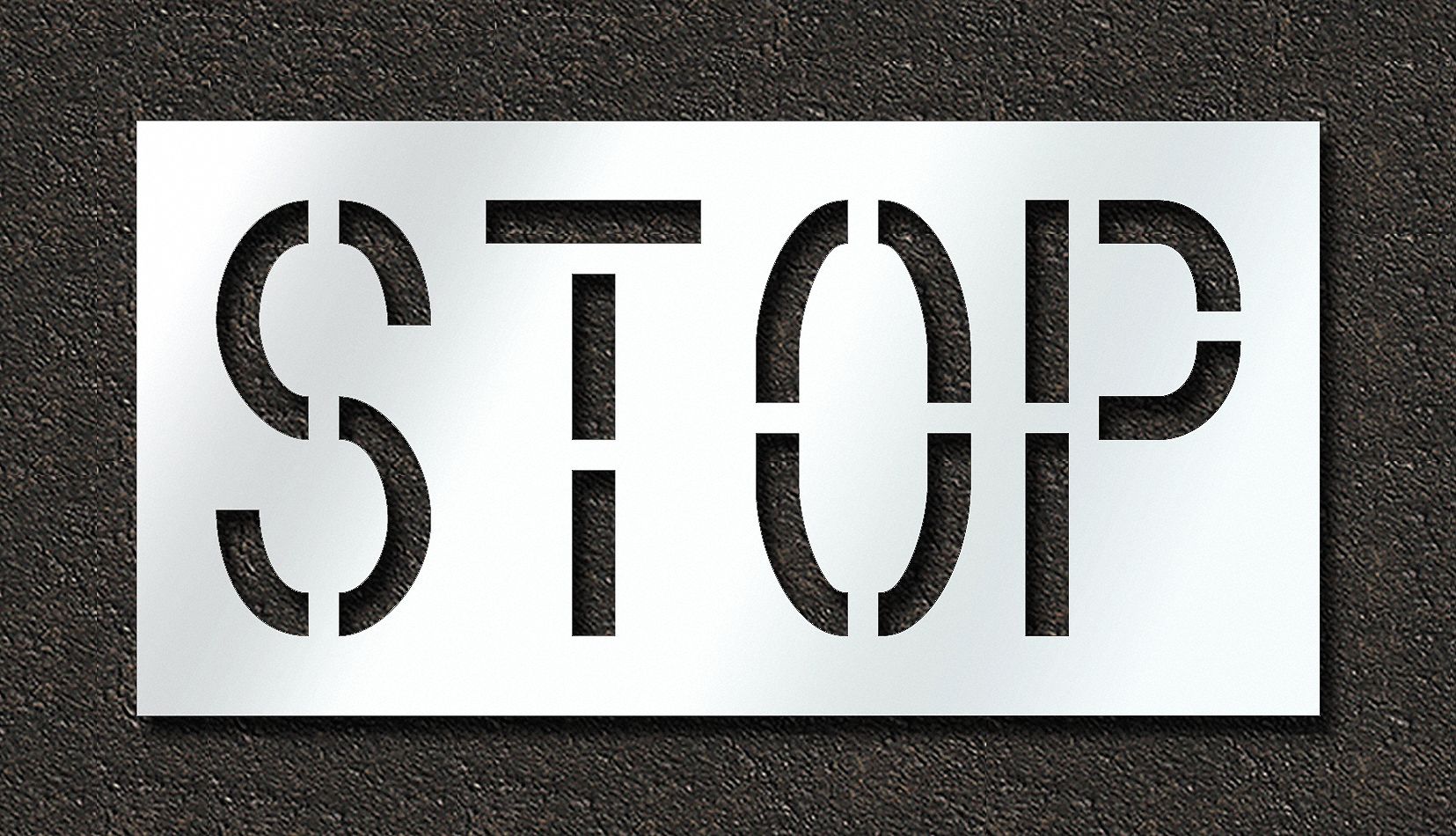 Individual Stencil: Stop, 0.06 in Thick, 24 in Overall Ht, 48 in Overall Wd, Highway Gothic, Message