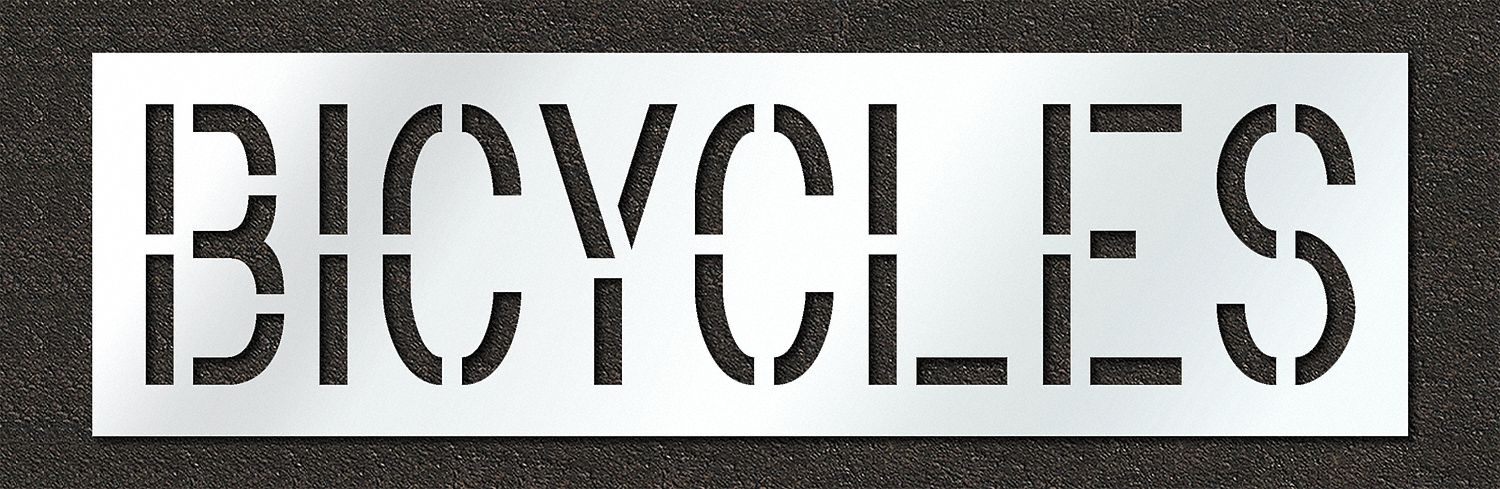 Individual Stencil: Bicycles, 0.06 in Thick, 24 in Overall Ht, 83 in Overall Wd, Highway Gothic