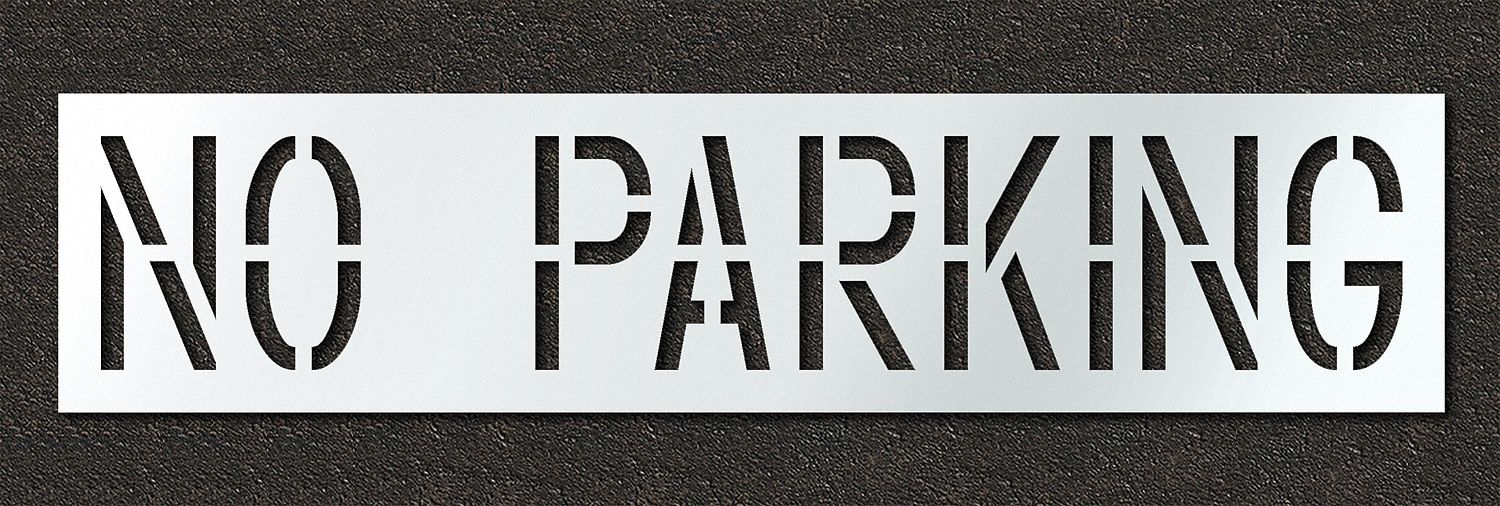 Individual Stencil: No Parking, 0.06 in Thick, 24 in Overall Ht, 105 in Overall Wd, Highway Gothic