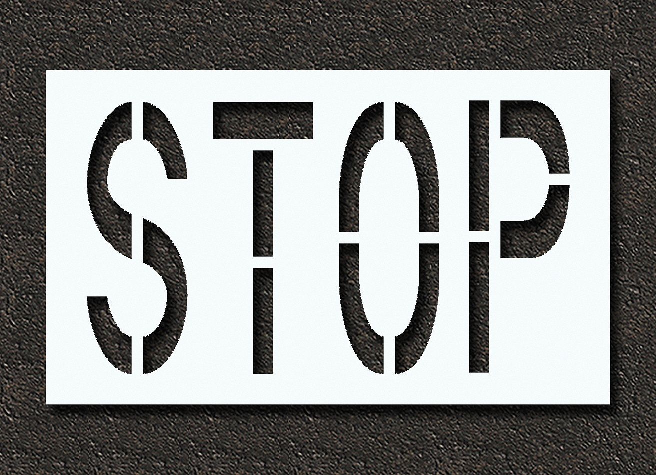 Individual Stencil: Stop, 0.06 in Thick, 30 in Overall Ht, 49 in Overall Wd, Highway Gothic, Message
