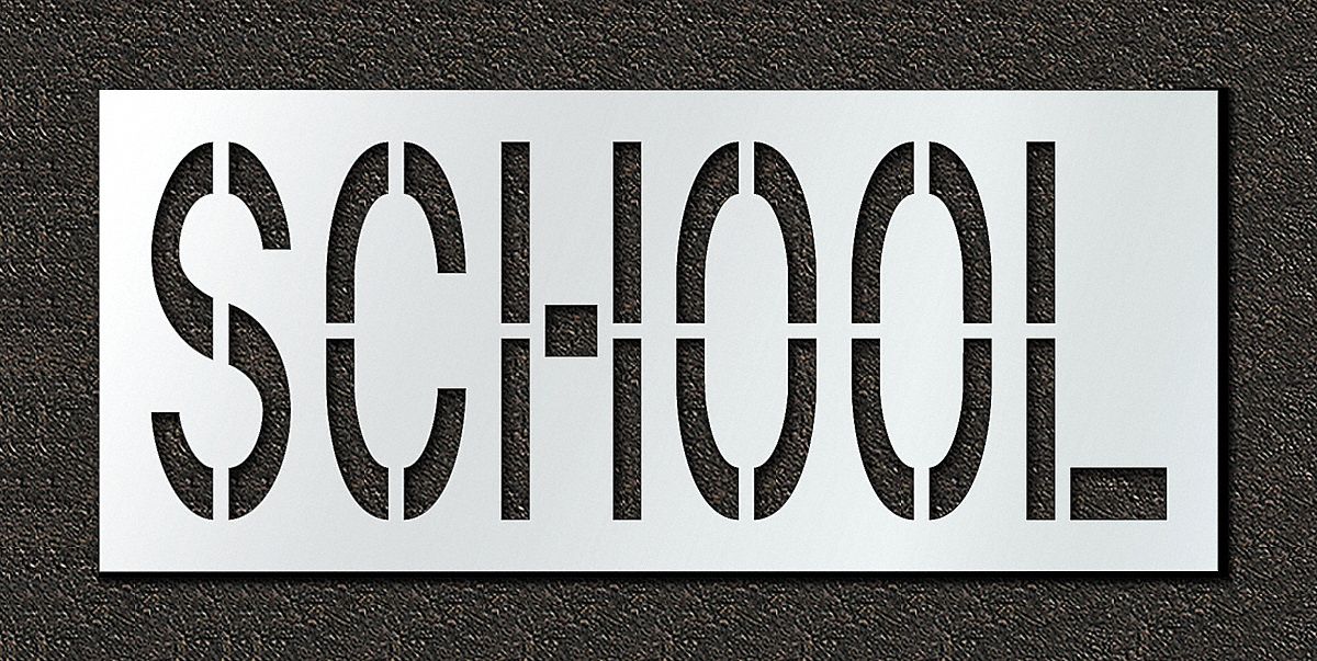 Individual Stencil: School, 0.063 in Thick, 30 in Overall Ht, 70 in Overall Wd, Highway Gothic