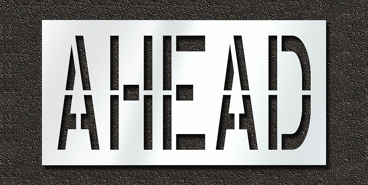 Individual Stencil: Ahead, 0.063 in Thick, 30 in Overall Ht, 59 in Overall Wd, Highway Gothic