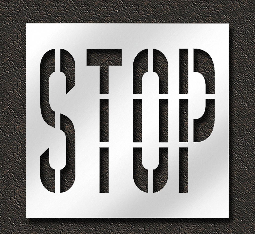 Individual Stencil: Stop, 0.063 in Thick, 48 in Overall Ht, 50 in Overall Wd, Highway Gothic