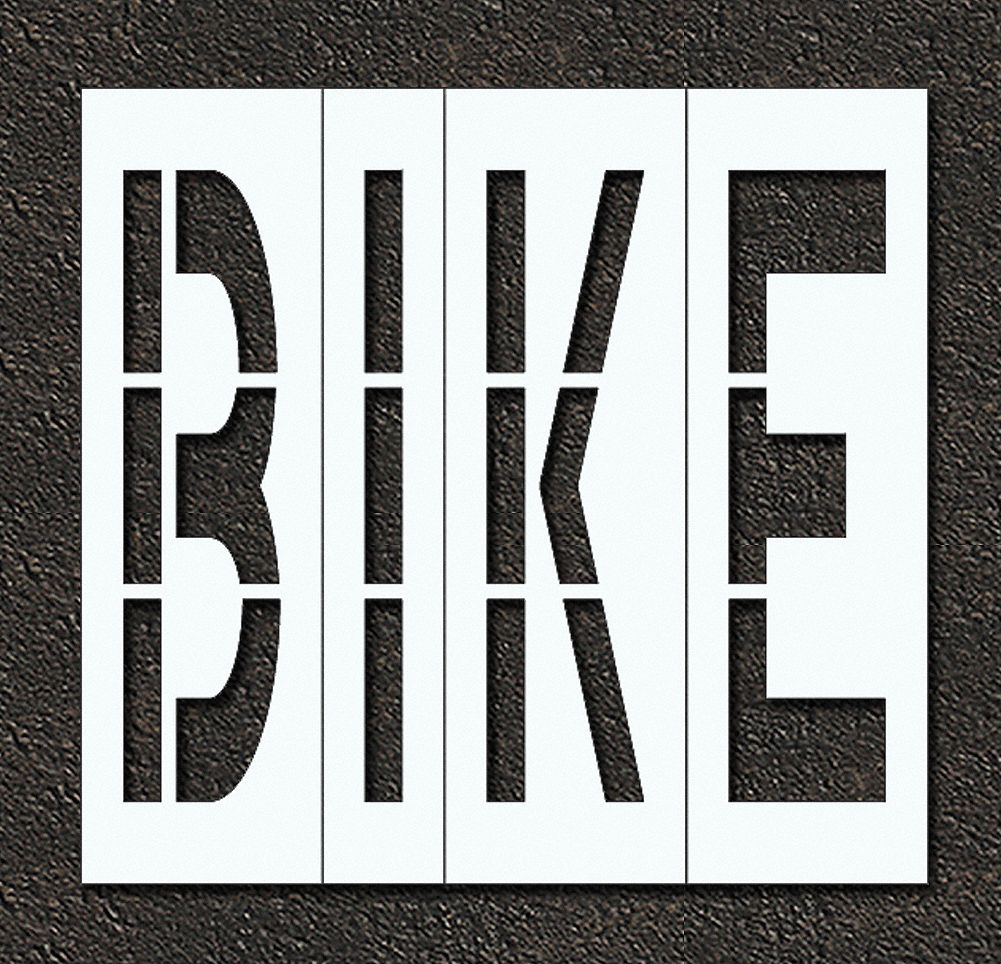 Individual Stencil: Bike, 0.063 in Thick, 60 in Overall Ht, 63 in Overall Wd, Highway Gothic