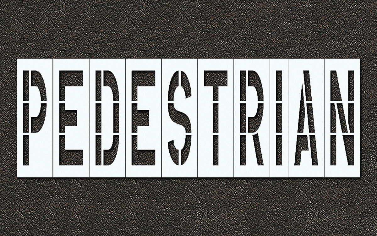 Individual Stencil: Pedestrian, 0.063 in Thick, 60 in Overall Ht, 171 in Overall Wd, Highway Gothic