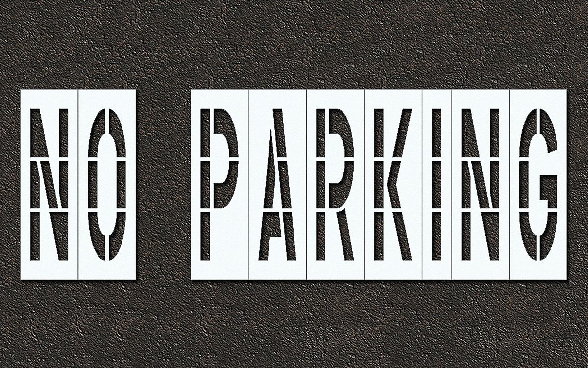Individual Stencil: No Parking, 0.063 in Thick, 60 in Overall Ht, 153 in Overall Wd, Highway Gothic