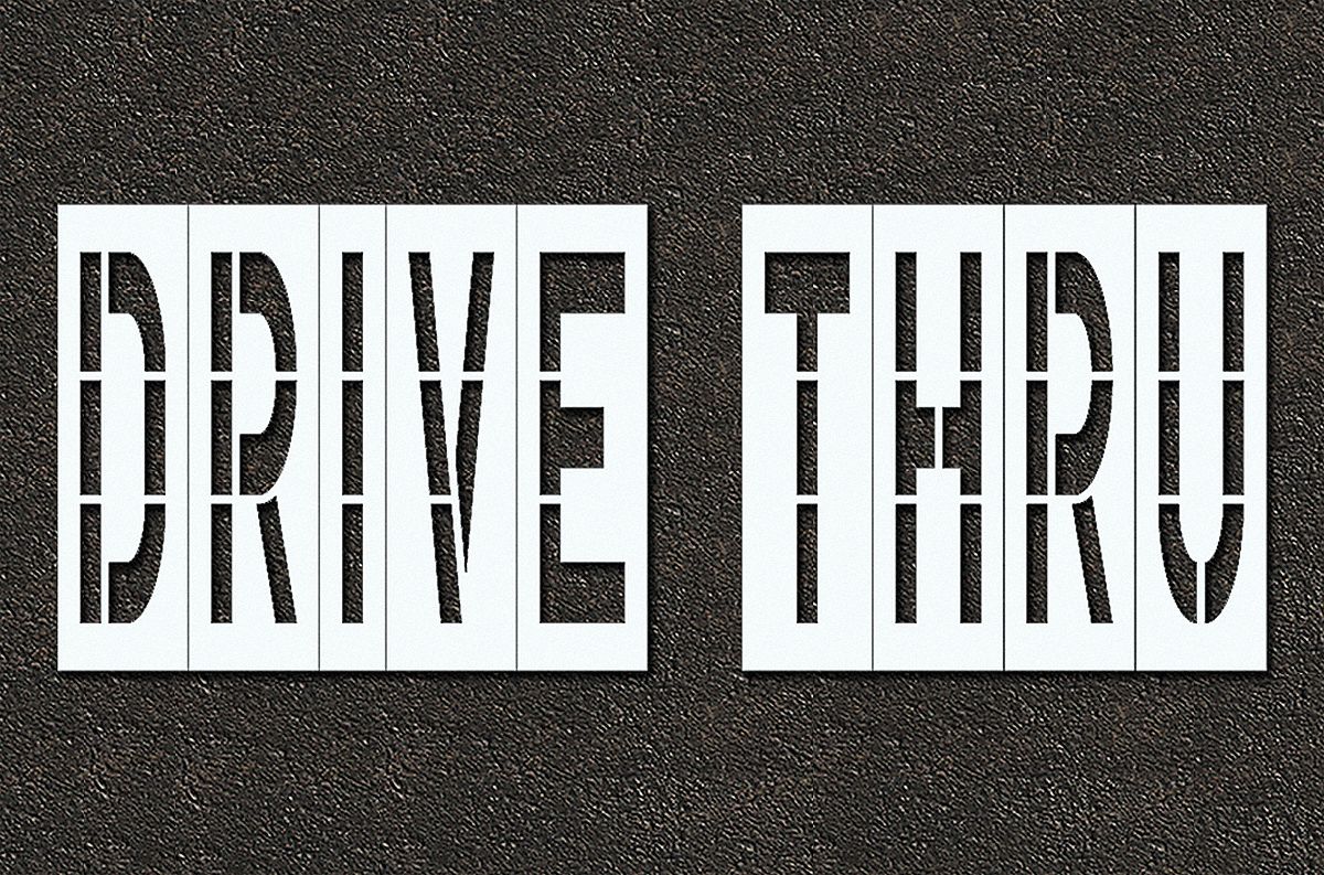 Individual Stencil: Drive Thru, 0.063 in Thick, 60 in Overall Ht, 153 in Overall Wd, Highway Gothic