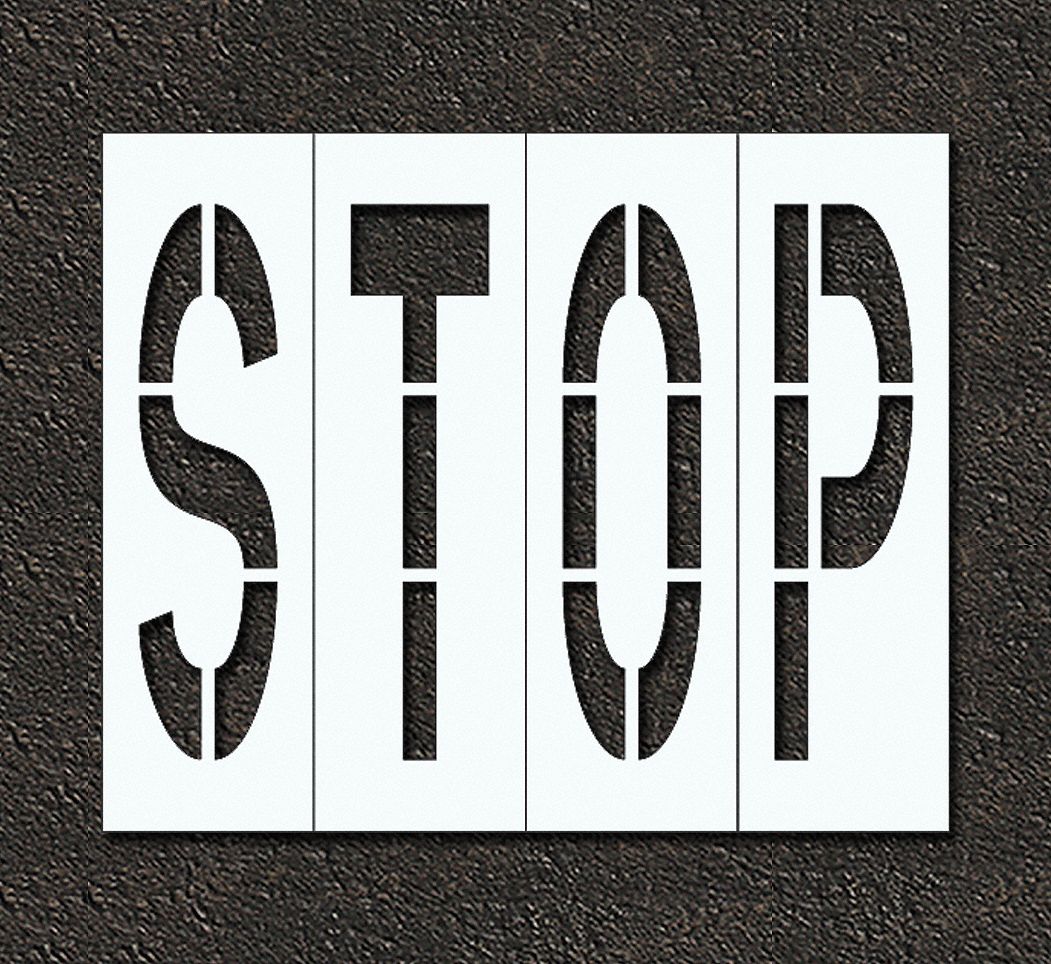 Individual Stencil: Stop, 0.063 in Thick, 104 in Overall Ht, 96 in Overall Wd, Highway Gothic