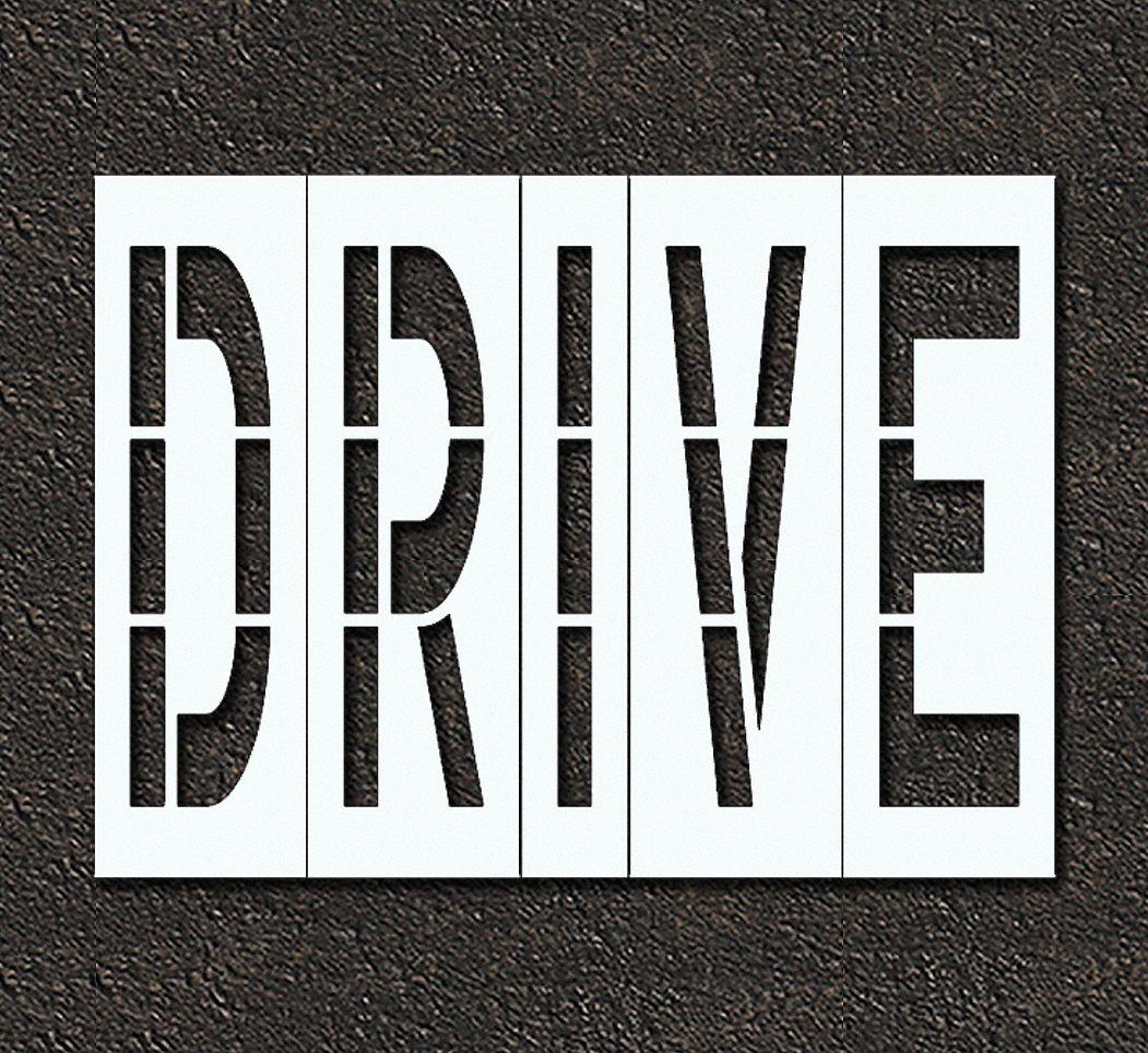 Individual Stencil: Drive, 0.063 in Thick, 104 in Overall Ht, 120 in Overall Wd, Highway Gothic