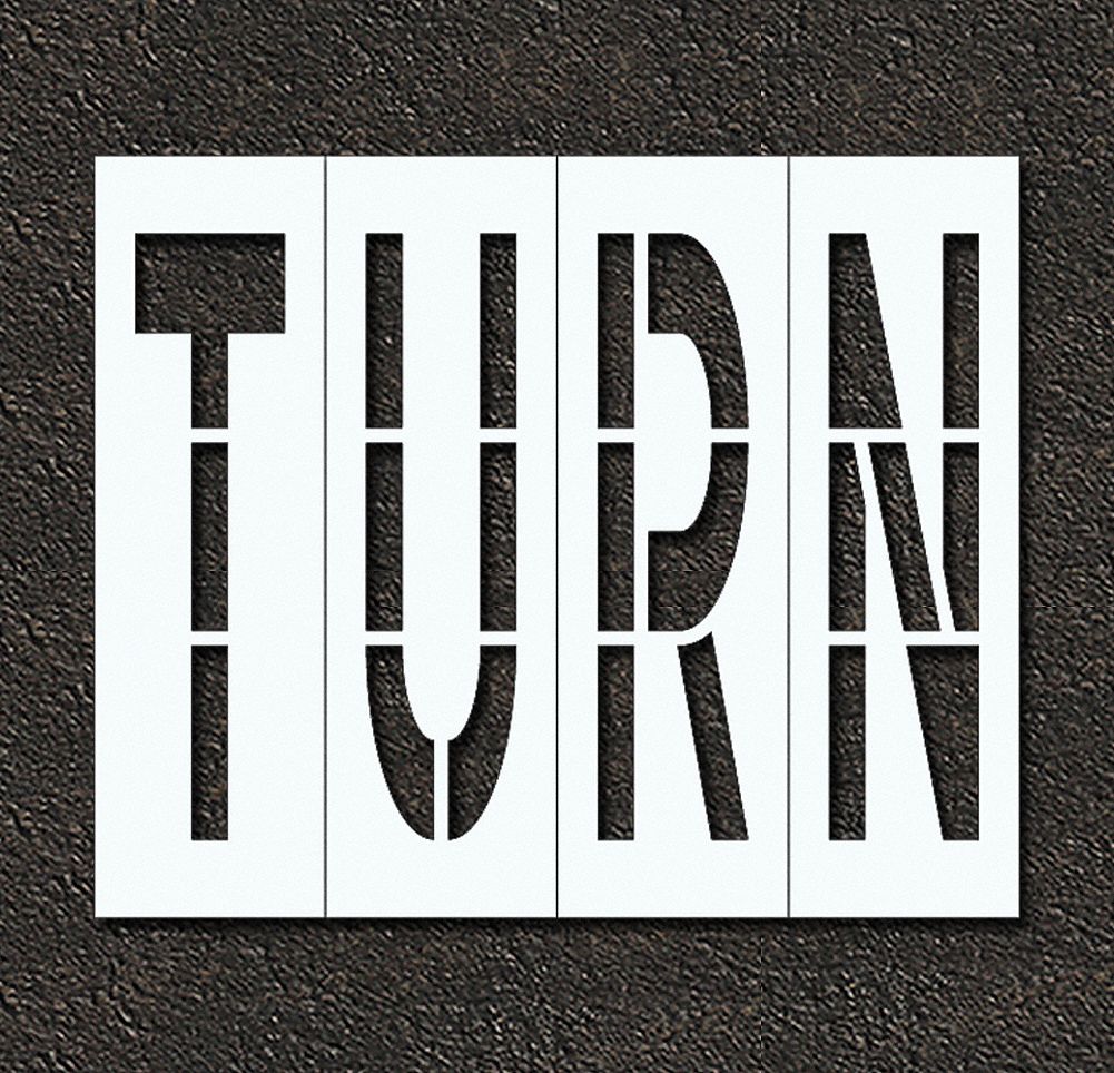 Individual Stencil: Turn, 0.063 in Thick, 104 in Overall Ht, 96 in Overall Wd, Highway Gothic
