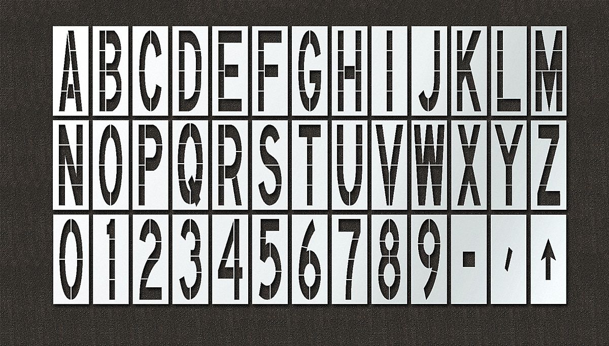 Stencil Set: 1 to 9/Arrow/A to Z/Dash (-)/Slash (/), 48 in Overall Wd, 120 in Overall Ht, 0.13 in
