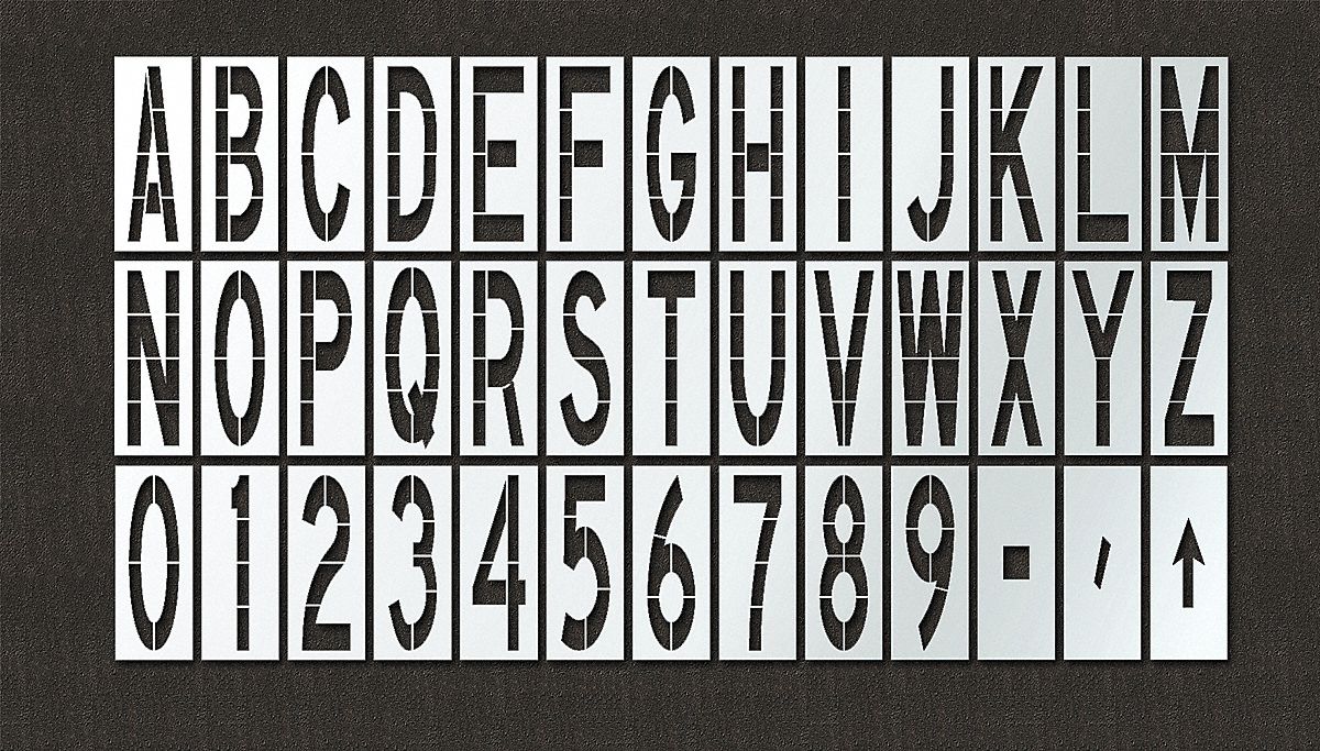 Stencil Set: 1 to 9/Arrow/A to Z/Dash (-)/Slash (/), 48 in Overall Wd, 132 in Overall Ht, 0.13 in