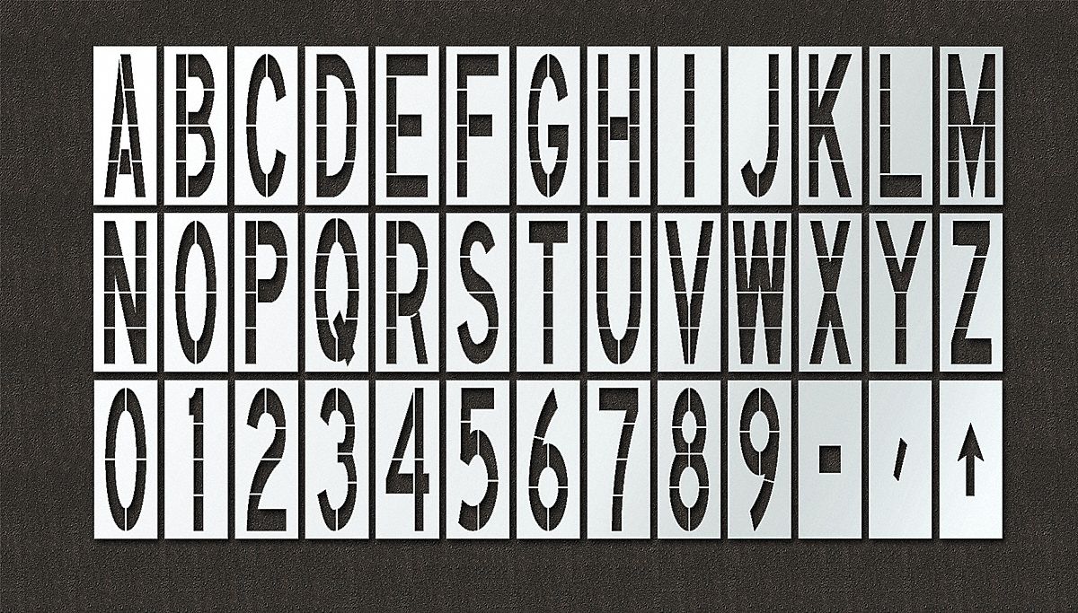 Stencil Set: 1 to 9/Arrow/A to Z/Dash (-)/Slash (/), 48 in Overall Wd, 156 in Overall Ht, 0.13 in