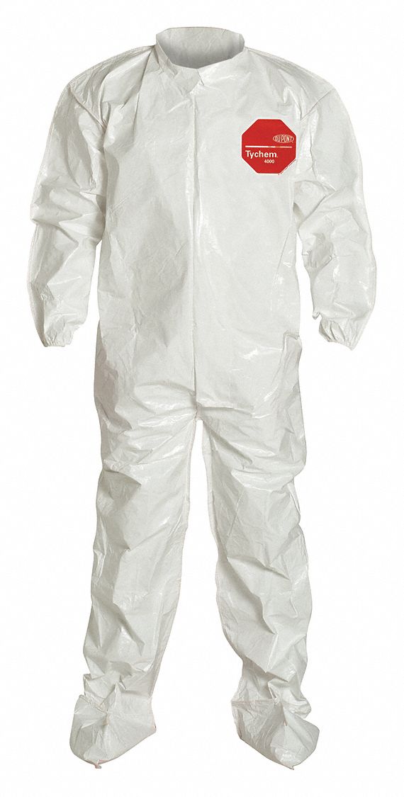 Coveralls: 2XL, Tychem® 4000, Elastic Wrist, Socks Ankle, White, Bound Seam, 12 PK