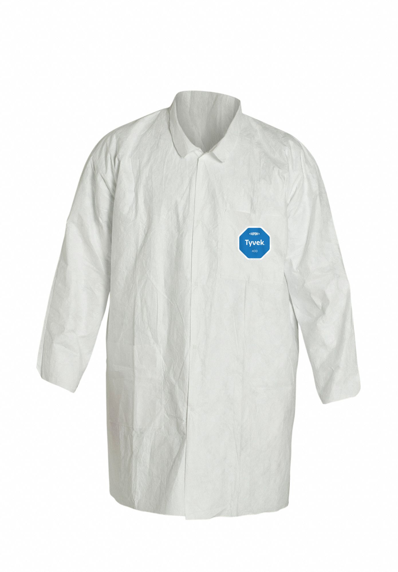 DISPOSABLE LAB COAT, TYVEK 400, 2 POCKETS, PLAIN COLLAR, OPEN, 3XL, WHITE, 8 PK