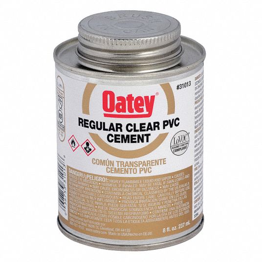 OATEY Clear Solvent Cement, PVC, Regular Bodied, Size 8 oz, For Use