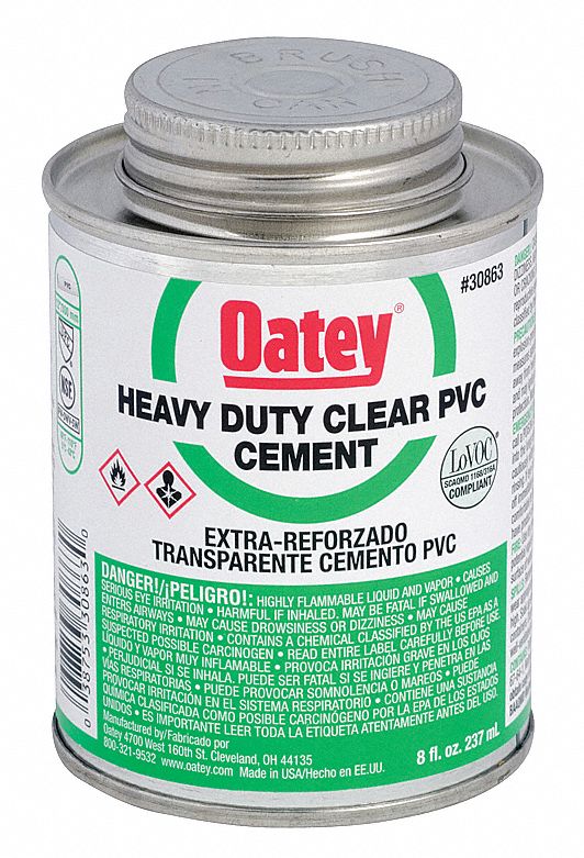 OATEY Clear Solvent Cement, Heavy Bodied, PVC, Size 8 oz, For Use With