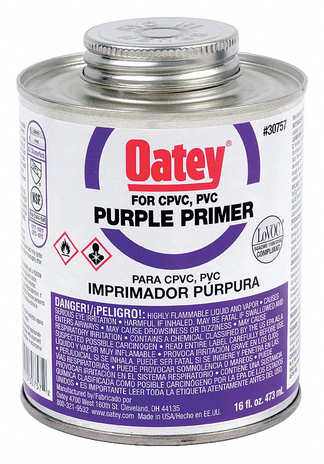 OATEY Purple Primer, CPVC, PVC, Size 16 oz, For Use With ABS Pipe and