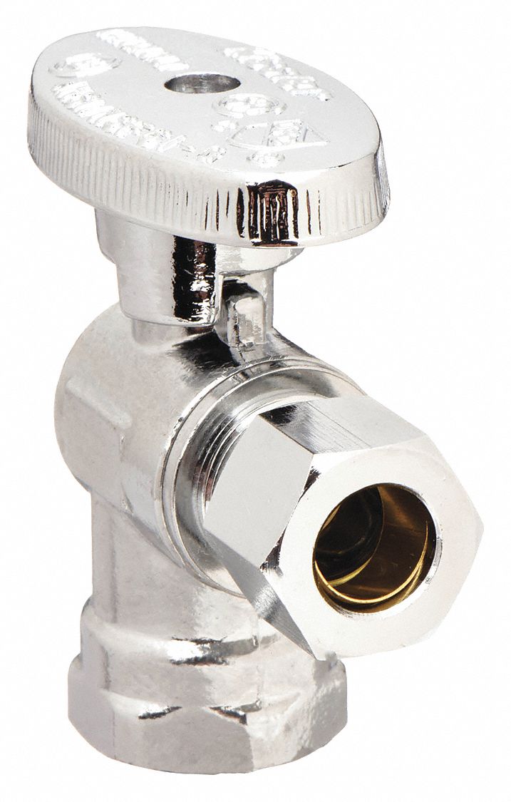 WATER SUPPLY STOP: ⅜ IN FIP, ⅜ IN COMPRESSION, CHROME-PLATED BRASS, ANGLE BODY, ¼-TURN