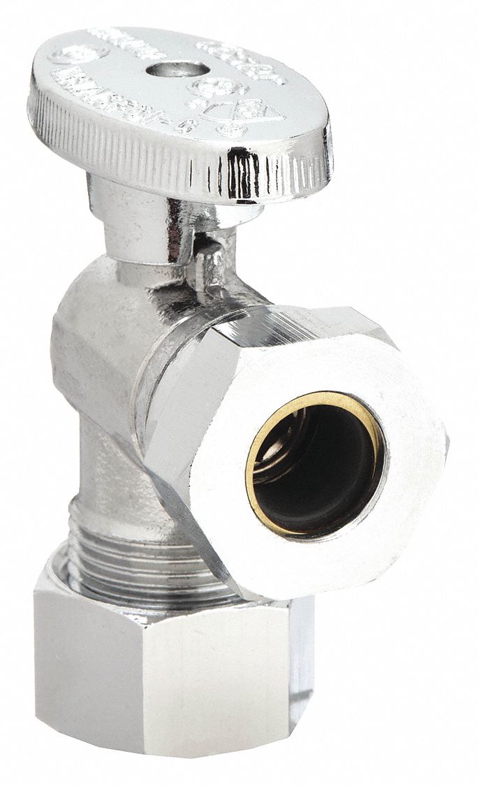 WATER SUPPLY STOP: ⅝ IN COMPRESSION, ½ IN SLIP, CHROME-PLATED BRASS, ANGLE BODY, OVAL