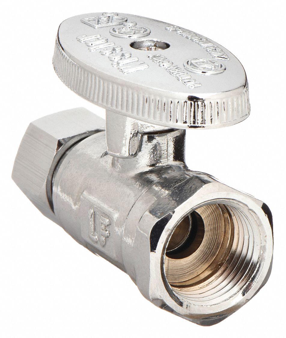 WATER SUPPLY STOP: ½ IN FIP, ⅜ IN COMPRESSION, CHROME-PLATED BRASS, TEE BODY, ¼-TURN