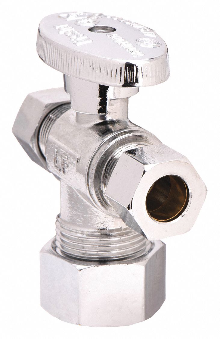 Water Supply Stop: 5/8 in Compression, 3/8 in Compression, Chrome-Plated Brass, Tee Body