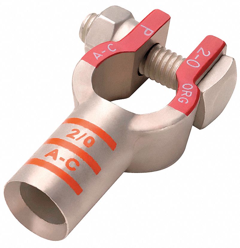 Battery Terminal: Straight, Crimp, 2/0 ga, Orange Color, Positive, Copper/Tin
