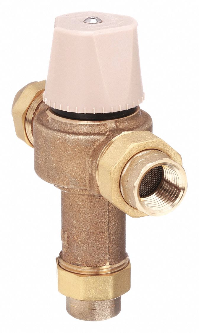 THERMOSTATIC MIXING VALVE: ½ IN INLET CONNECTION SIZE, ½ IN OUTLET CONNECTION SIZE, NPT