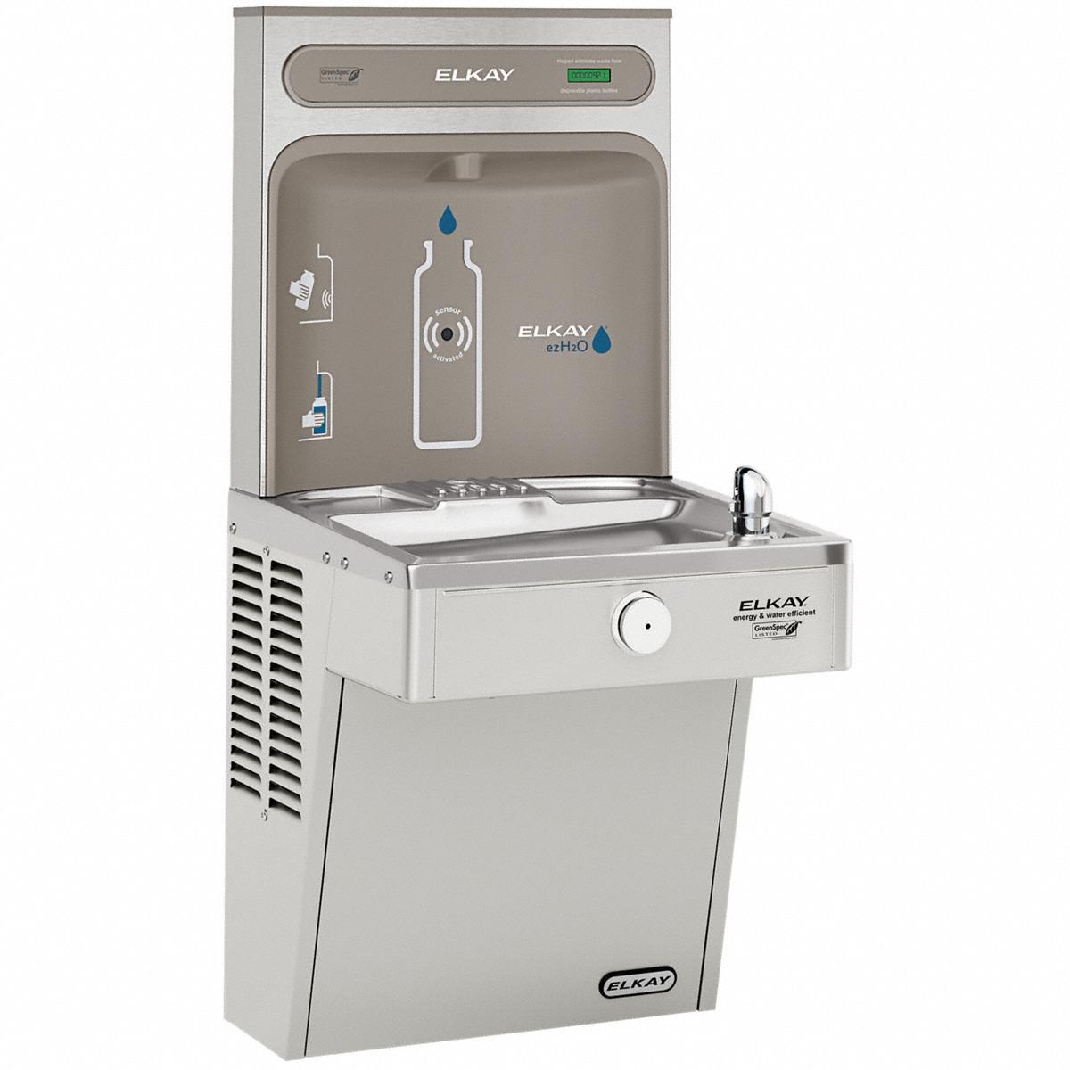 Drinking Fountain with Bottle Filler: On-Wall, 8 gph @ 50°F, Stainless Steel, Gray