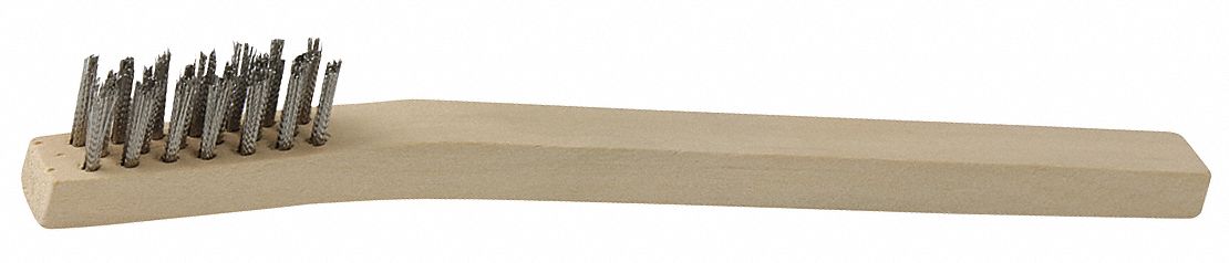 Scratch Brush: Curved Handle, Stainless Steel, Wood, 1 1/2 in Brush Lg