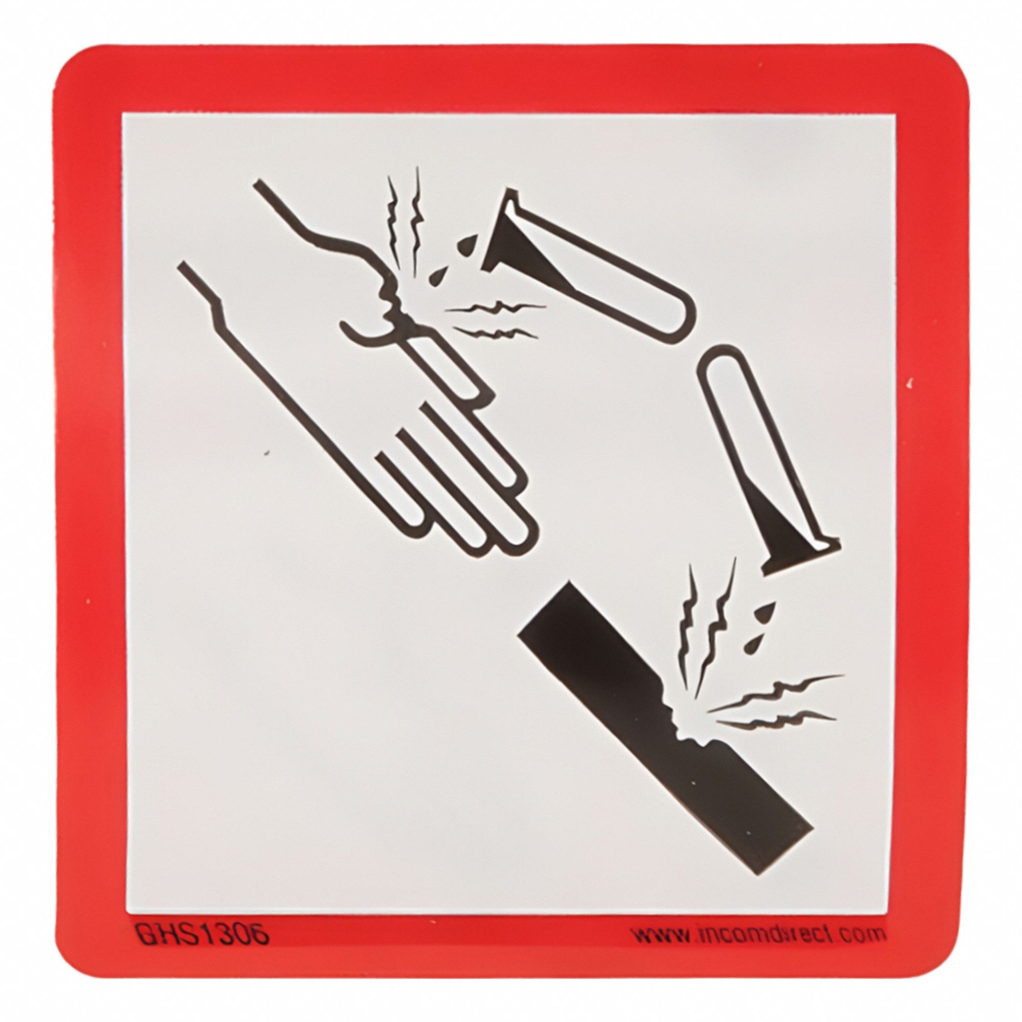 GHS Label: Corrosive Pictogram, Red/White, 2 in Ht, 2 in Wd, 0.0035 in Thick, Square, Paper, 500 PK