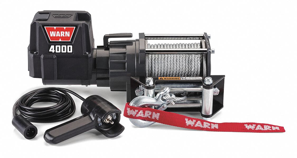Electric Winch: Pulling, 12V DC, 4, 000 lb 1st Layer Load Capacity, 6.9 fpm 1st Layer Line Speed