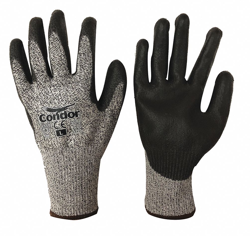 COATED GLOVES, 2XL (11), ANSI CUT LEVEL A3, DIPPED PALM, PUR, SMOOTH, GREY