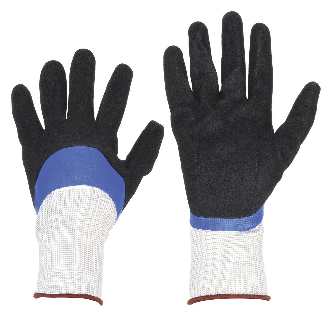 COATED GLOVES, L (9), ROUGH, NITRILE, ¾ DOUBLE DIPPED, ANSI ABRASION LEVEL 4