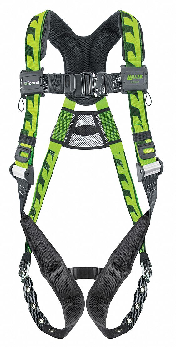 Full Body Harness: Vest Harness, Quick-Connect / Tongue, Cam, L/XL, Padded, Aluminum, Green