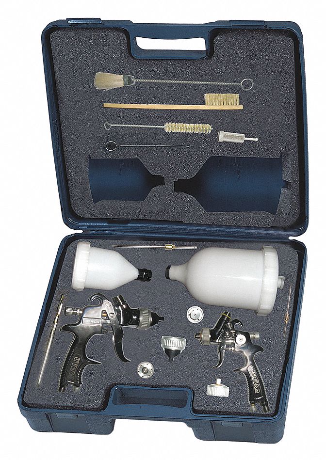 PAINT SPRAY GUN KIT W 4 NOZZLES, 2 GUNS, PRESSURE REG W GAUGE, CLEANING BRUSH KIT, CARRY CASE