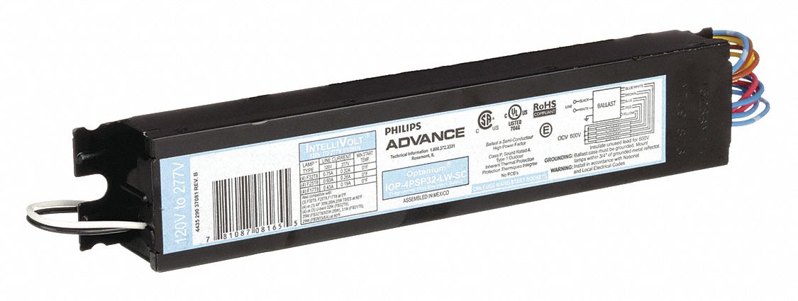 Fluorescent Ballast: 120 to 277V AC, 3/4 Lamps Supported, 17 W_25 W_28 W_32 W Bulb Watt