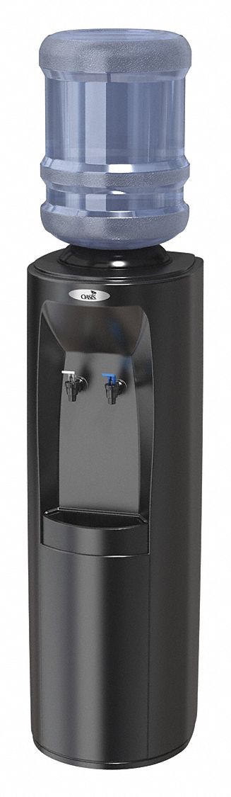 BOTTLED WATER DISPENSER: FREESTANDING, TOP LOADING, COLD/ROOM TEMP, BLACK, 38 ⅜ IN HT