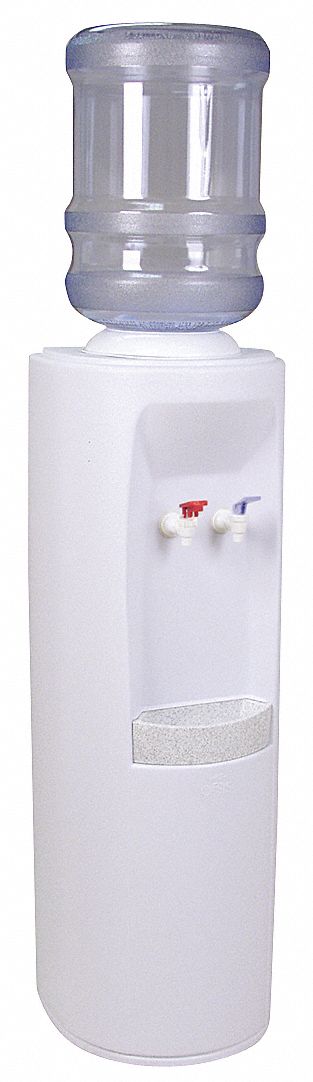 BOTTLED WATER DISPENSER: FREESTANDING, TOP LOADING, COLD/HOT, WHITE, 38 ⅜ IN H, PLASTIC