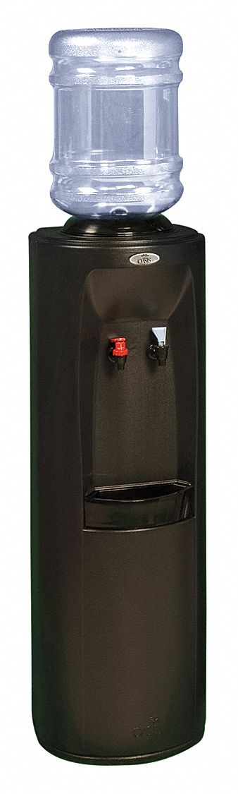 BOTTLED WATER DISPENSER: FREESTANDING, TOP LOADING, COLD/HOT, BLACK, 38 ⅜ IN H, PLASTIC