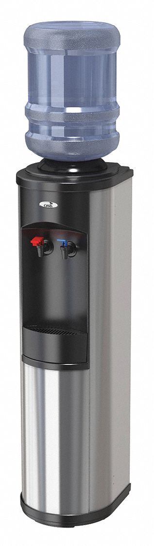 BOTTLED WATER DISPENSER: FREESTANDING, TOP LOADING, COLD/HOT, BLACK, 38⅛ IN H, 12 IN WD