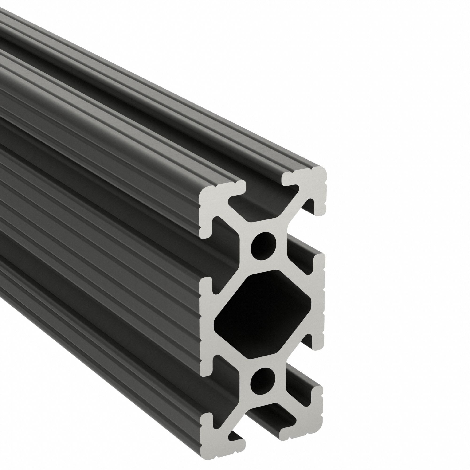 T-Slot Framing Extrusion: 10 Series, 6 ft Lg, 2 in x 1 in, Black, Double, Grooved, 6 Slots