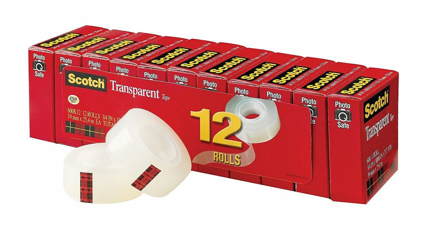 3M Scotch 500-3-12-10P Transparent Tape, Pack of 10, 0.5 inches (12 mm) x  164.0 ft (50 m), Large Roll