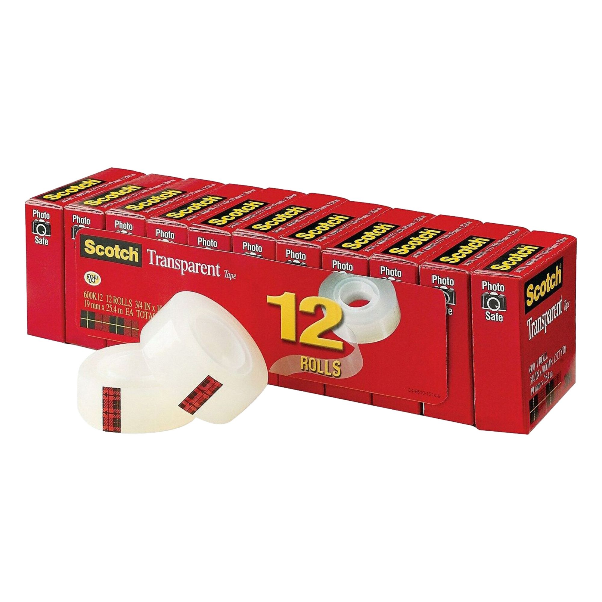 Office Tape: 3M™ Scotch™, 600, 3/4 in x 83 ft, 1 in Tape Core Dia, Transparent, Gloss, 3M™, 12 PK
