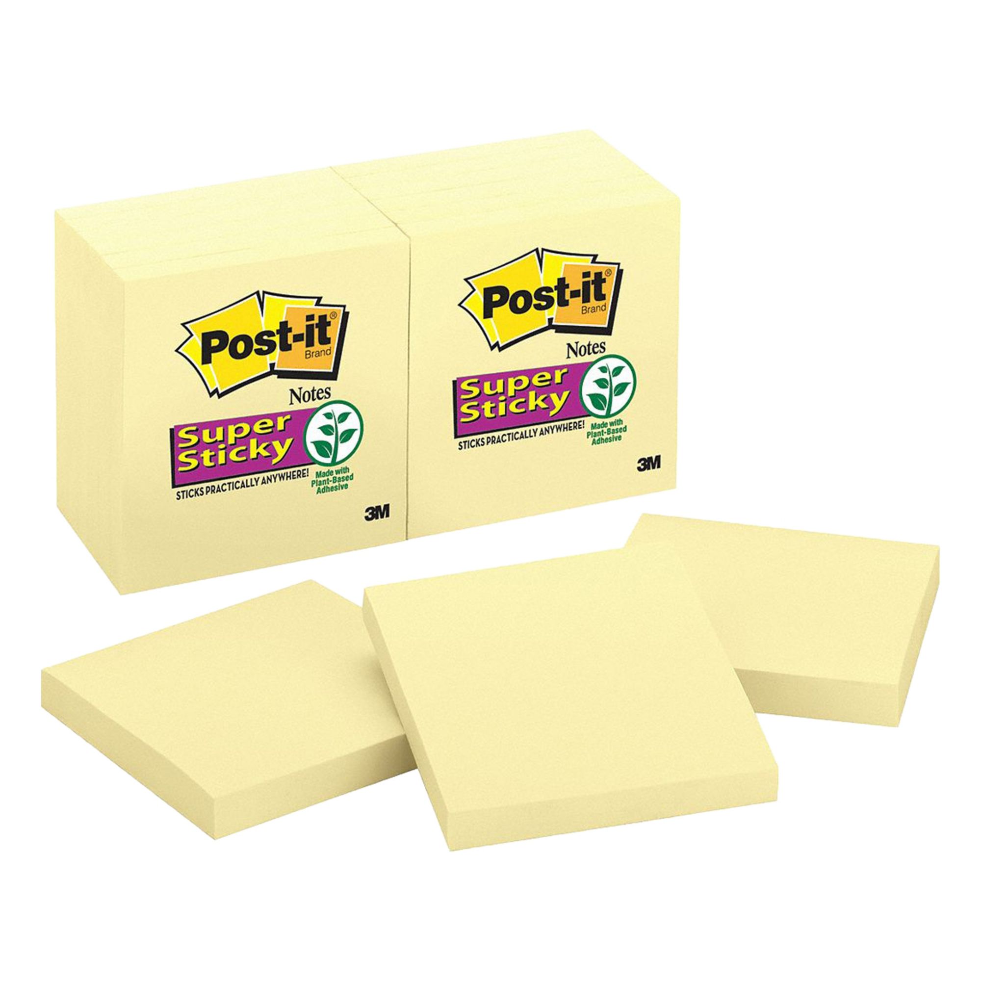 Sticky Notes: Yellow, Super Sticky, 90 Sheets per Pad, 12 Pads per Pack, 3 in x 3 in, 12 PK
