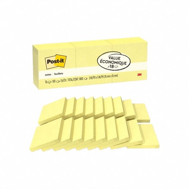 Sticky Notes: Yellow, Std, 100 Sheets per Pad, 18 Pads per Pack, 3 in x 3 in, 18 PK
