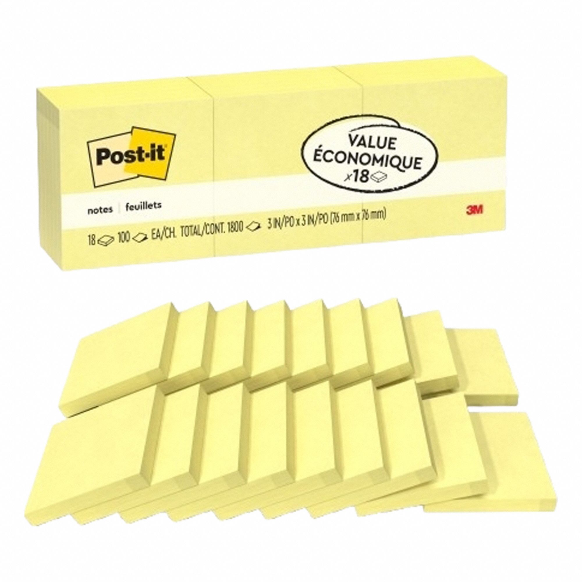 Sticky Notes: Yellow, Std, 100 Sheets per Pad, 18 Pads per Pack, 3 in x 3 in, 18 PK