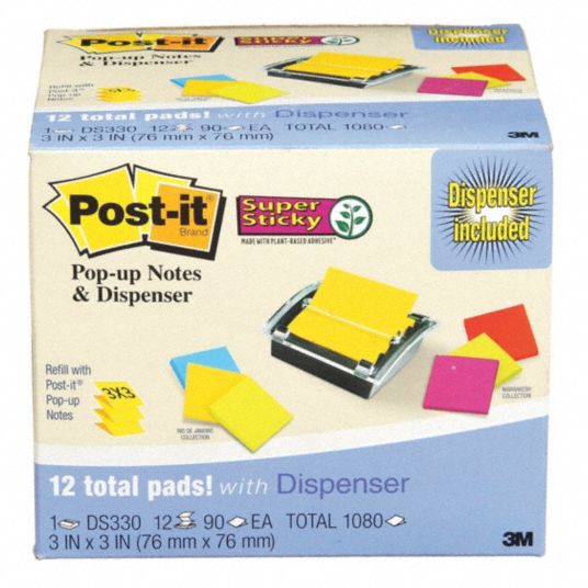 Pop-Up Super Sticky Notes and Dispenser, 3 in x 3 in, PK 12 - Grainger