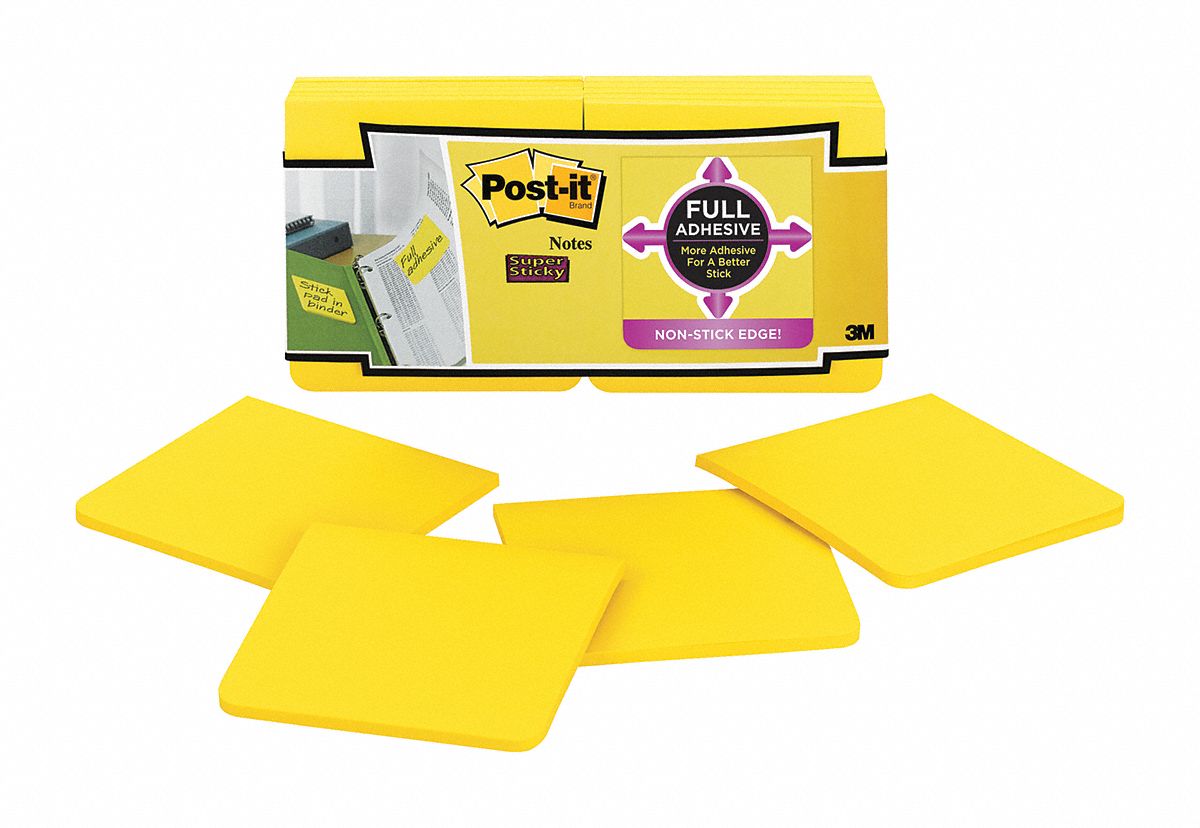 Full Adhesive Super Sticky Notes, 3 in x 3 in, PK 12 Grainger
